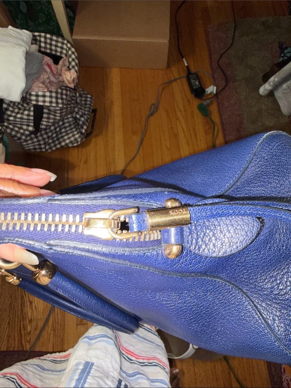 TODS Classic Navy Leather Satchel Handbag with Gold Hardware Sella Bauletto